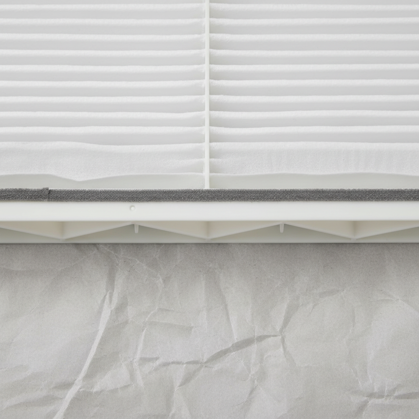 Bottom macro crop of Mazda CX-9 cabin air filter on light grey wrinkled kraft paper