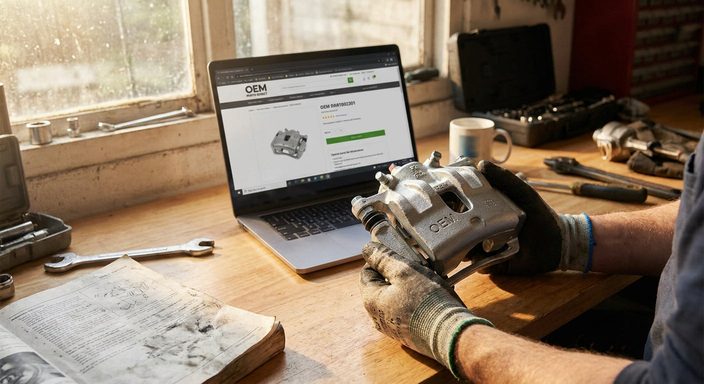 A person carefully inspects a genuine OEM auto part on a garage workbench beside an open laptop, suggesting a confident online parts purchase.