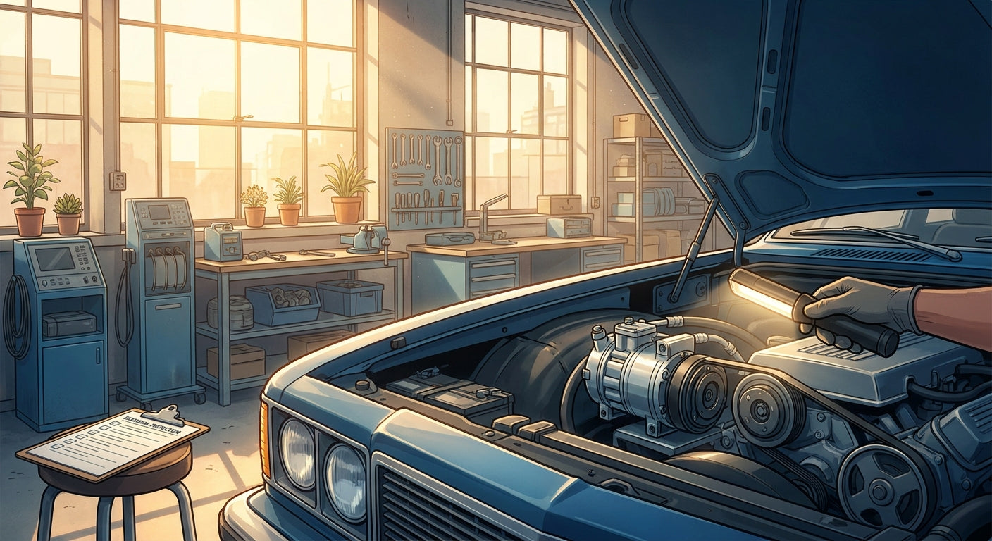 A car with its hood open in a sunlit garage, highlighting the engine bay and A/C components during a spring inspection.