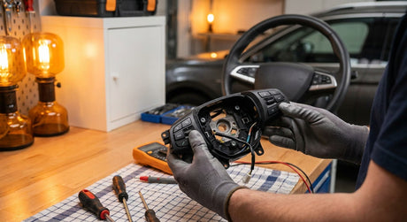 A person's hands holding an OEM steering wheel switch module in a tidy garage workspace with a car steering wheel visible in the background.