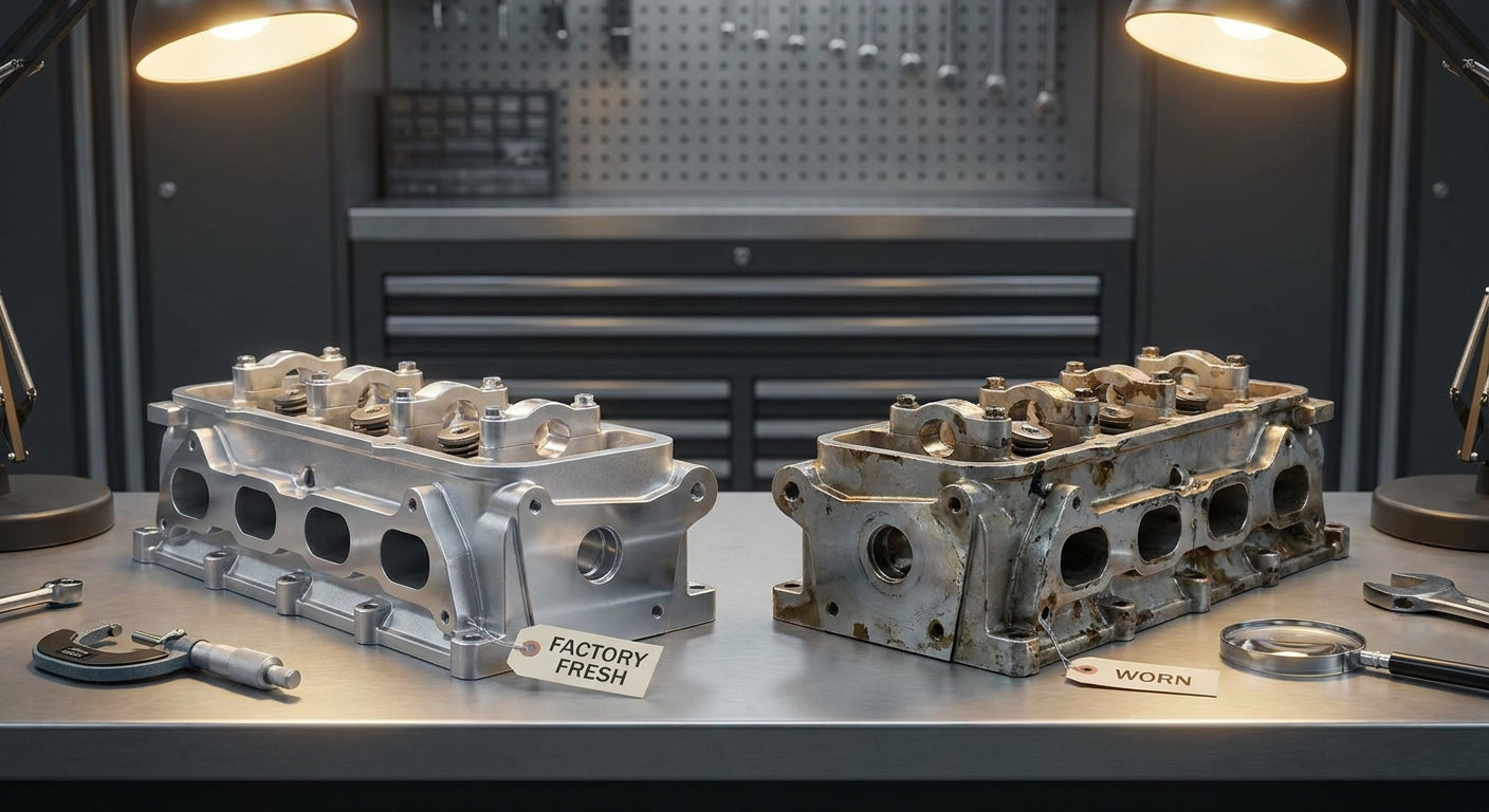 Two automotive parts placed side by side on a workshop bench under warm overhead lighting, highlighting the contrast in quality between a precise factory component and a lesser-quality alternative.