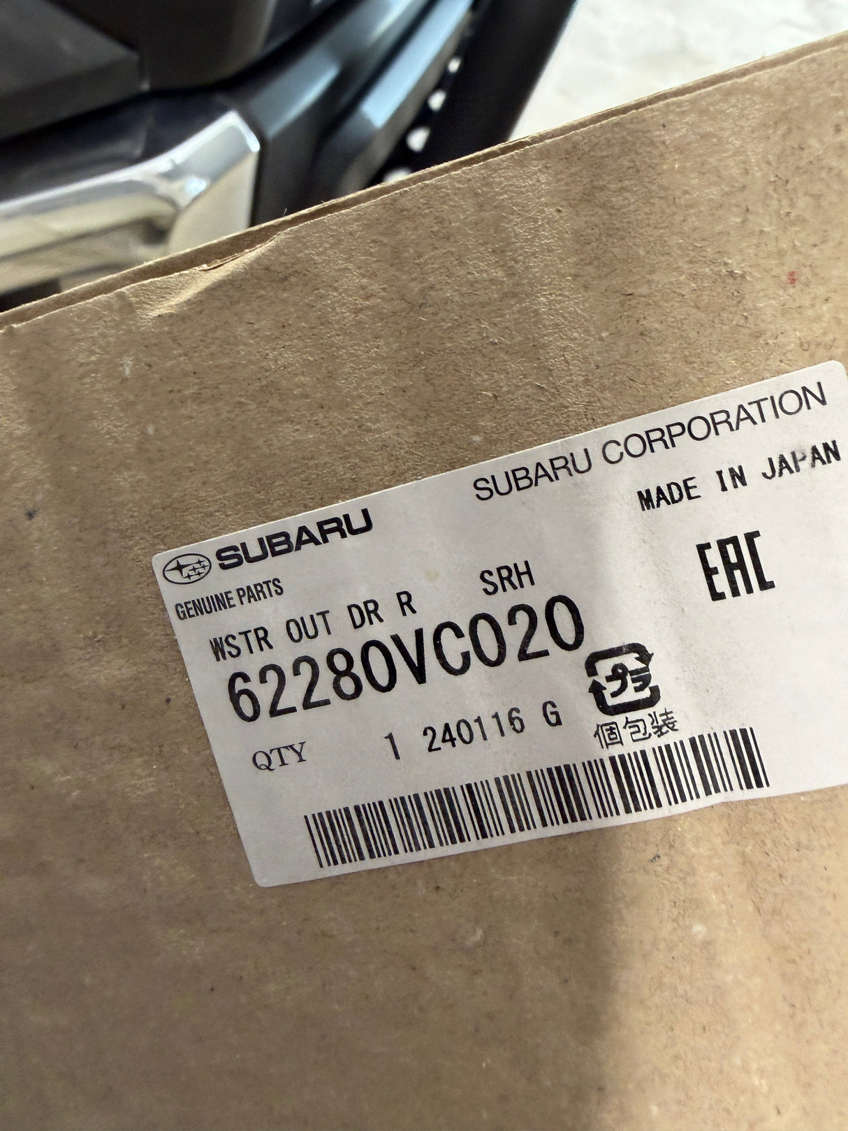 CL0925-62280VC020-F13 22-24 Subaru WRX Driver Side Rear Door Outer Window Weatherstrip OEM