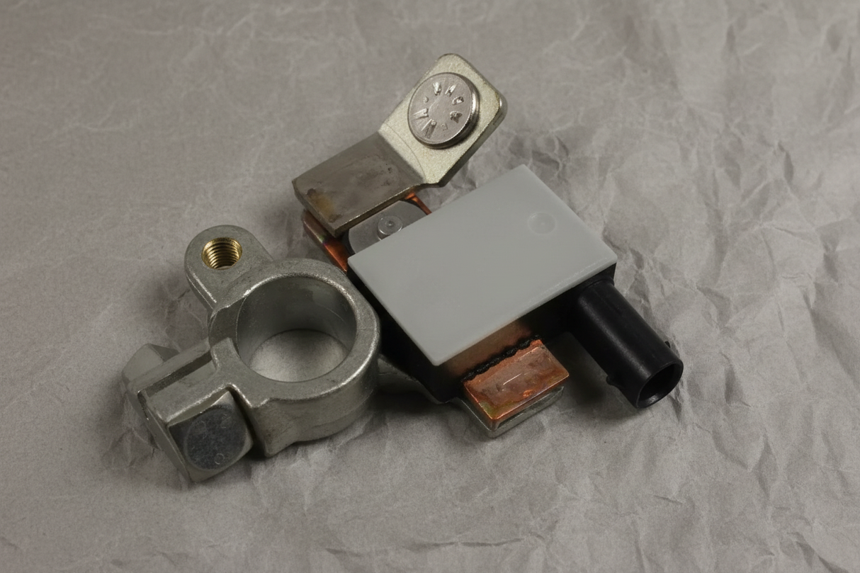 2015-2019 Chevrolet Impala Negative Battery Terminal With Current Sensor - rotated 30 degrees on gray kraft paper