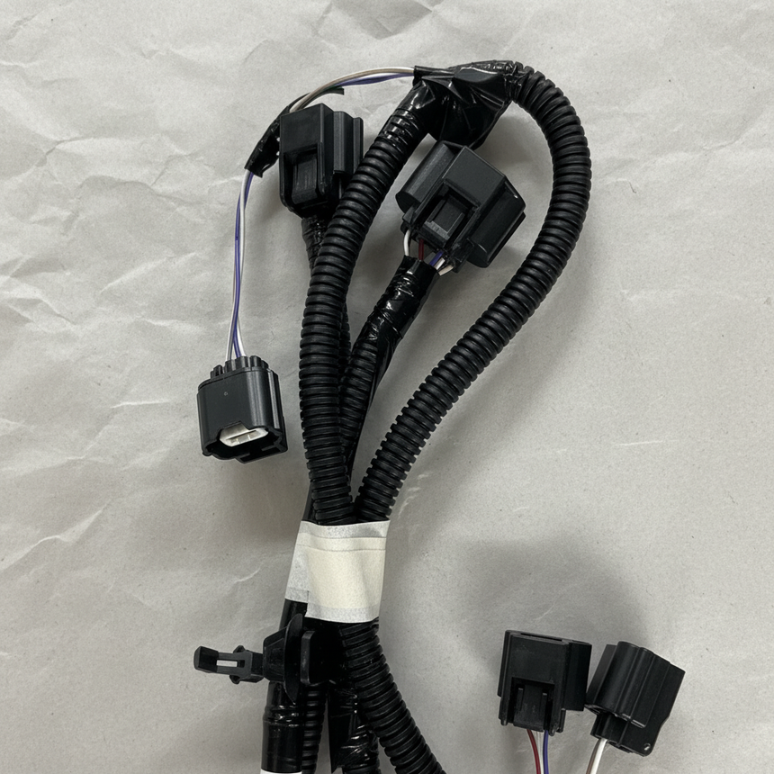 Top macro crop of rear park assist camera wiring harness on light grey wrinkled kraft paper
