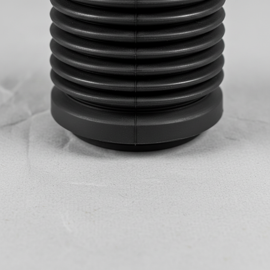 Lower-middle macro crop of front suspension strut dust cover on light grey wrinkled kraft paper