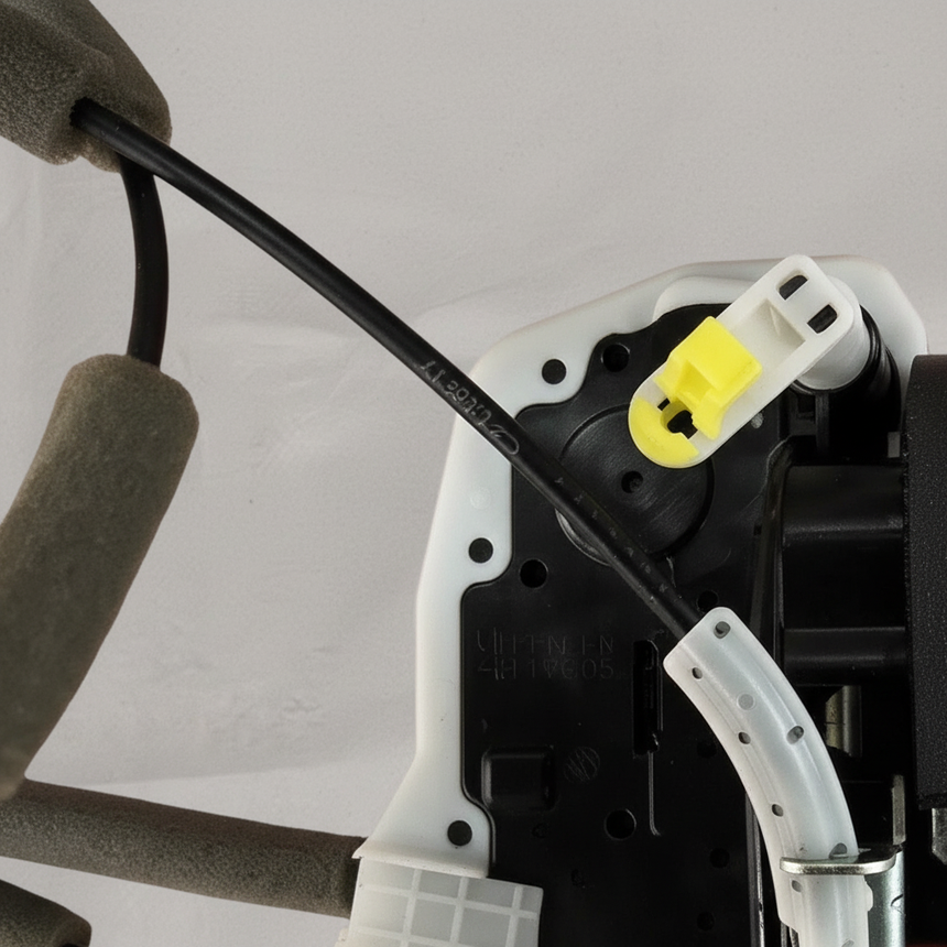 Top macro crop of door lock actuator motor on light grey wrinkled kraft paper
