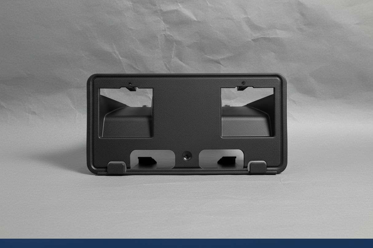 2023-2025 Ford F350 F450 Dually Front License Plate Bracket OEM - Rotated 27 degrees on gray kraft paper background