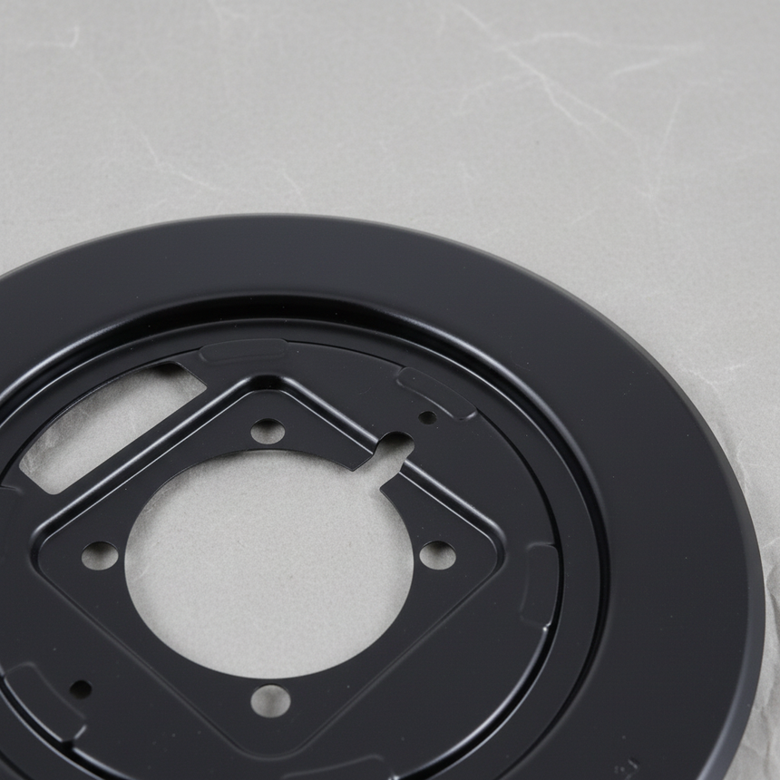 Brake backing plate top section macro crop on light grey wrinkled kraft paper background