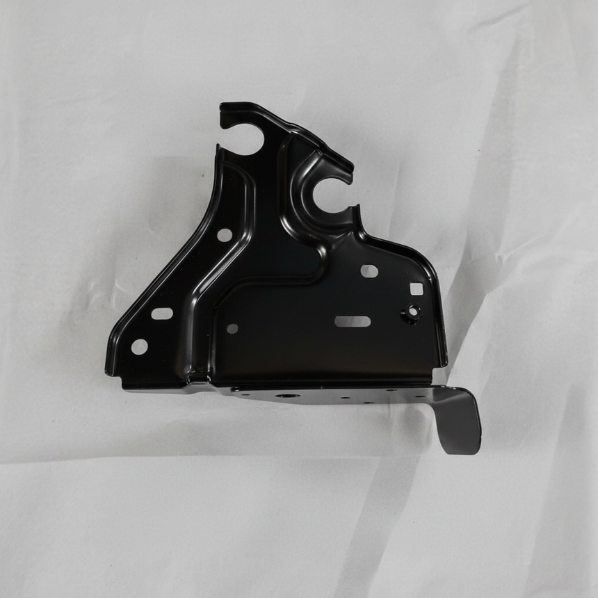Full view of battery tray bracket angle 2 on light grey wrinkled kraft paper