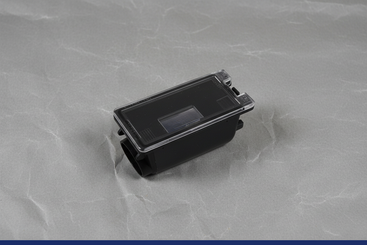 2016-2025 Ford Rear License Plate Lamp Light Housing Genuine OEM - Rotated 27 degrees on gray kraft paper background with blue line