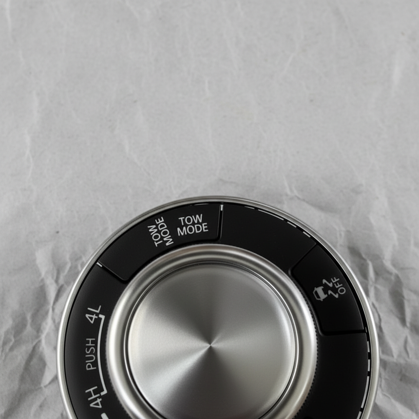 Top macro crop of center control switch AWD on light grey wrinkled kraft paper