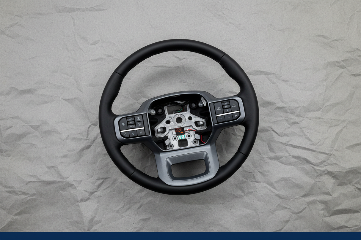 Ford Super Duty Lariat black leather heated steering wheel rotated view