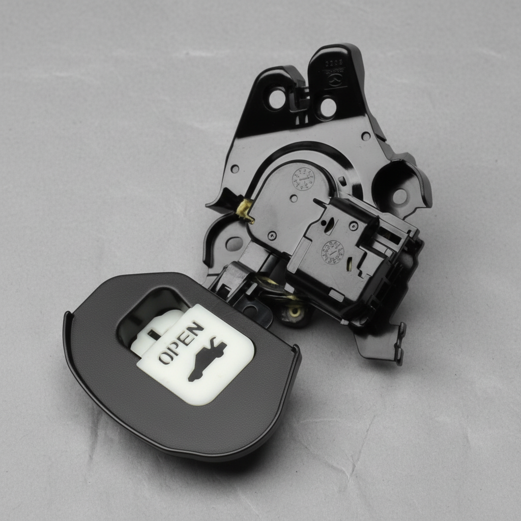 2014-2023 Mazda 3 Trunk Lock Actuator Motor OEM - rotated 30 degrees on kraft paper background