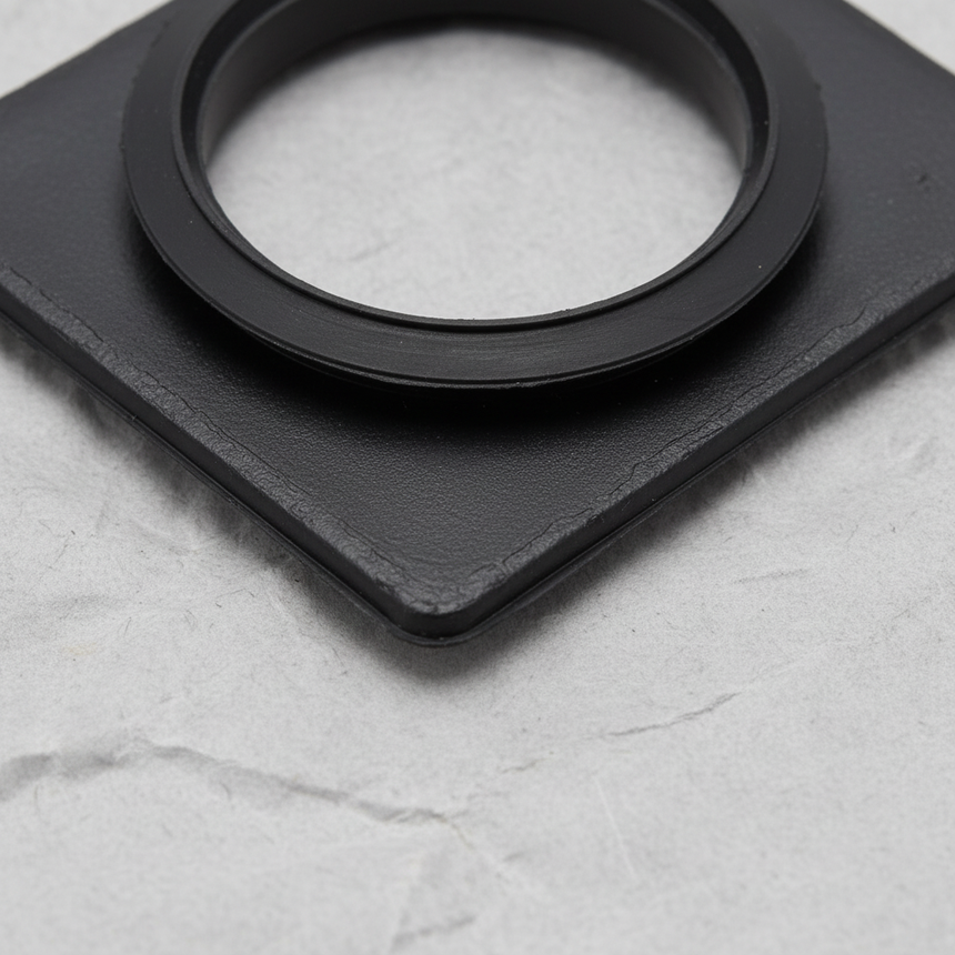 Bottom macro crop of washer pump grommet on light grey wrinkled kraft paper