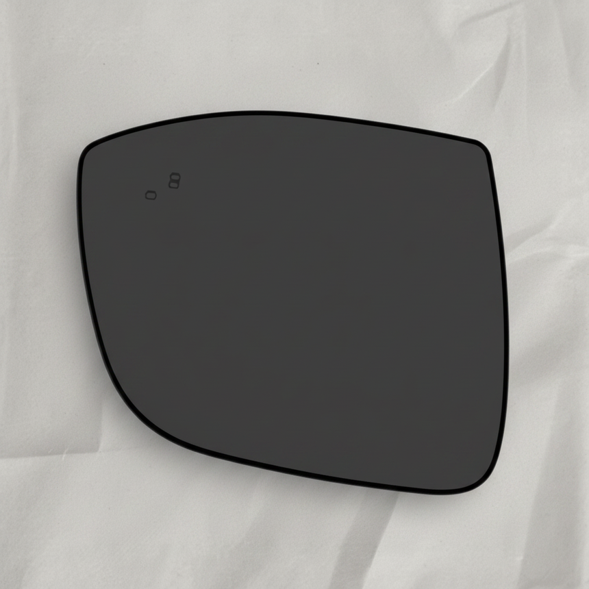 Top macro crop of driver side mirror glass on light grey wrinkled kraft paper